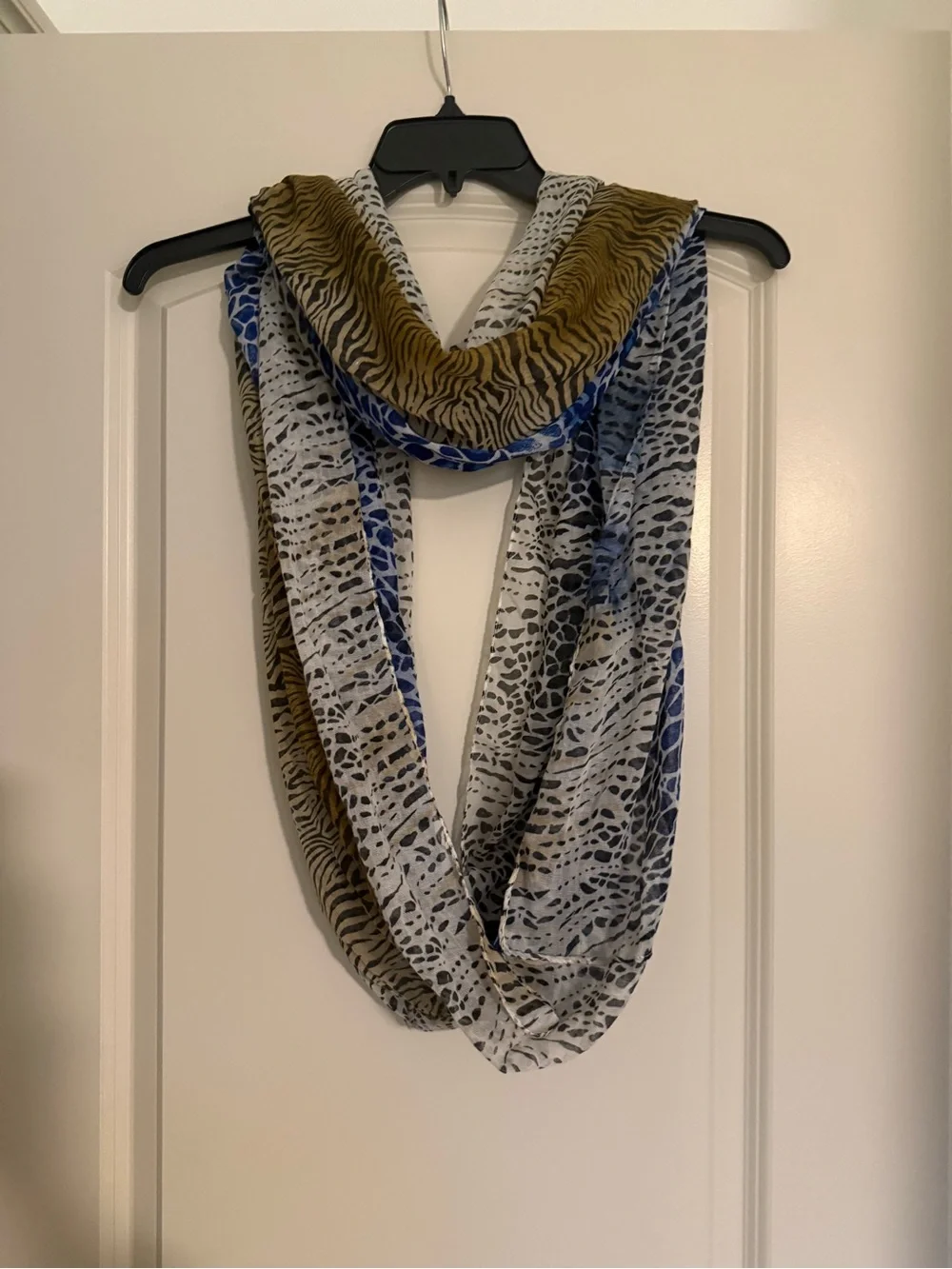 Multi-Print Infinity Scarf in Olive, Blue & White by